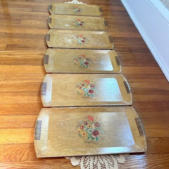 Vintage Hasko Wood Grain 16" Papered Serving Trays Floral Lithographed 1940s set - Picture 1 of 15